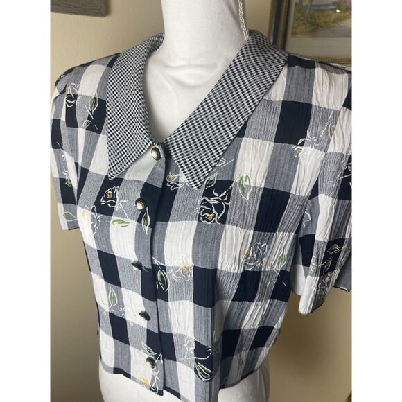 VTG Peri Petites Womens Gingham Check Floral Overlay Top Sz 12 Blouse Retro 80s - Picture 12 of 15